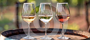 Variety of wine glasses arranged on wooden barrel in vineyard for tasting and appreciation
