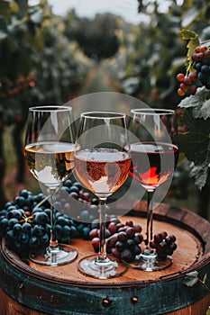 Variety of wine glasses displayed on a rustic wooden barrel in a picturesque vineyard setting