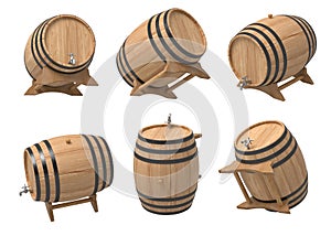 Variety of wooden barrels on white background