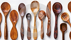Variety of wooden cutlery showcasing unique grains and colors, Ai Generated