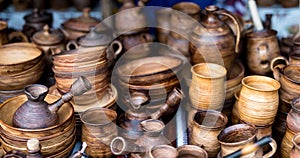 Variety of wooden utensil at market