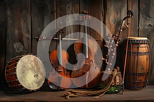 Variety of woodwind and percussion instruments displayed, traditional music concept, wooden backdrop, copy space on left