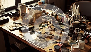 Variety of work tools in messy workshop, crafting beauty products generated by AI