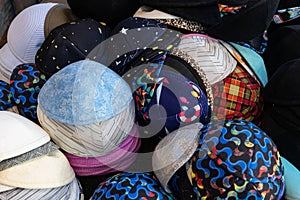 Variety of yarmulkes or skull caps for sale in a Jewish religious neighborhood of Jerusalem.