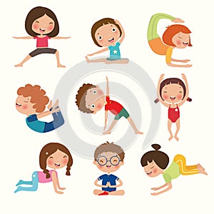 Variety of yoga kids, yoga poses for children in flat style, Gymnastics and healthy, vector