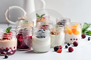 Variety of yogurts in portion glass jars. Healthy summer breakfast concept AI generated