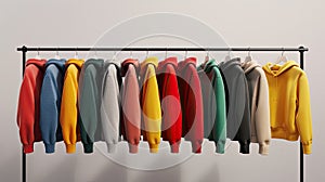 a variety of youth cashmere sweaters, hoodies, and sweatshirts arranged neatly on a clothes rack, suitable for mock-up