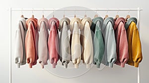 a variety of youth cashmere sweaters, hoodies, and sweatshirts arranged neatly on a clothes rack, suitable for mock-up