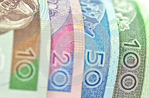 Variety of zloty banknotes from Poland