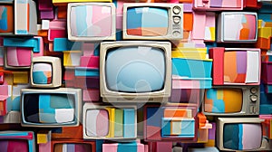 Varios dimensions and shapes of vintage televisions. Colorful background photo