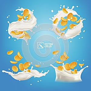 Various 3d realistic splashes of corn flakes or cereals in milk or yogurt