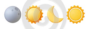 Various 3d sun and moon, crescent isolated icon. Realistic render of star and planet, full gray moon and yellow sunny