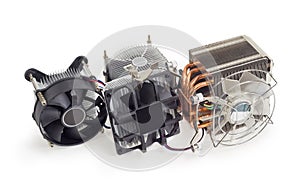 Various active CPU heatsinks with fans on a white background