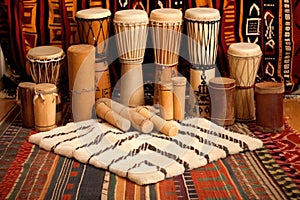 various african djembe drums arranged on a rug