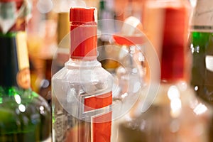 Various alcohol bottles, bokeh background