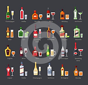 Various alcohol bottles with glasses flat icons set