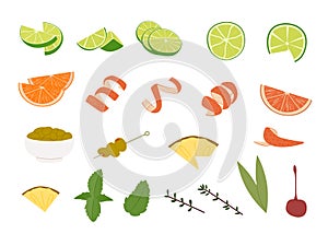 Various alcohol cocktail garnishes. Lime slices, orange wedge and twist, olives skewer, cutted pineapple, mint twig