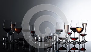 Various alcoholic beverages in glasses on a black reflective background