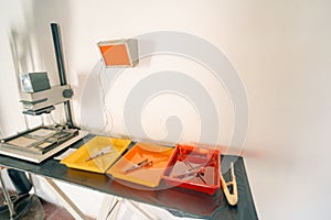 Various analog photo equipment for photo printing, chemicals, photogloss