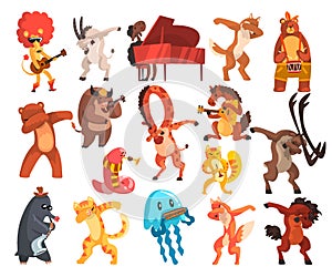 Various Animals Standing in Dub Dancing Pose and Playing Musical Instrument Big Vector Set