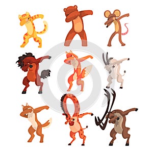 Various animals standing in dub dancing poses set, cute cartoon wild animals doing dubbing vector Illustration on a