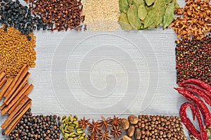 Various aromatic Indian spices and herbs on the gray kitchen table. Spices texture background with copy space