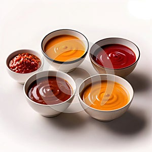 Various assorted sauces and condiments in bowls, cooking ingredients and spices