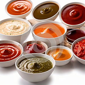 Various assorted sauces and condiments in bowls, cooking ingredients and spices