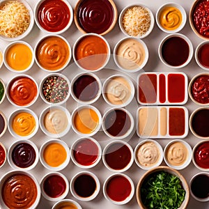 Various assorted sauces and condiments in bowls, cooking ingredients and spices