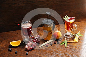 Various autumn or winter seasonal alcohol hot cocktails.