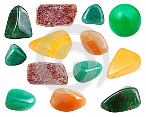 Various aventurine gemstones isolated on white