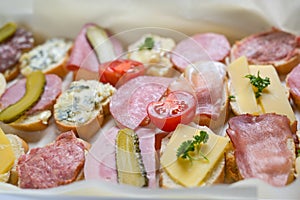 Various baguette canapes with cheese and sausage, tomatoes and gherkins on a casual party buffet