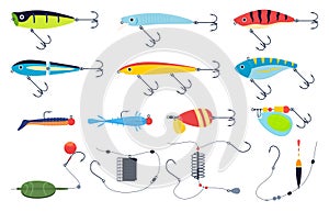 Various baits for fishing. Lures of various sizes and types for fishing. Tools for catching fish. Vector illustration