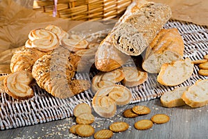 Various bakery products on rattan mat