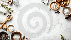 Baking Ingredients and Utensils Flat Lay on Marble Background, Overhead View