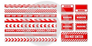 Various barricade construction tapes and warning shields. Red police warning line, brightly colored danger or hazard