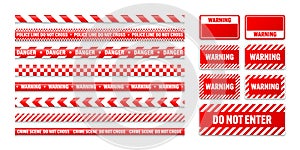 Various barricade construction tapes and warning shields. Red police warning line, brightly colored danger or hazard