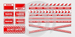 Various barricade construction tapes and warning shields. Red police warning line, brightly colored danger or hazard