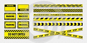 Various barricade construction tapes and warning shields. Yellow police warning line, brightly colored danger or hazard