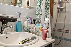 Various bathroom props in background