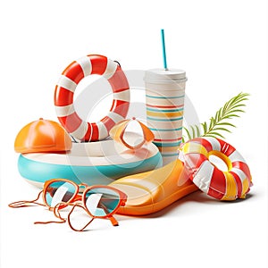 Various beach items, accessories and toys scattered on a white background. Summer vacation concept