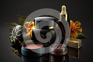 Various beauty products on a dark background