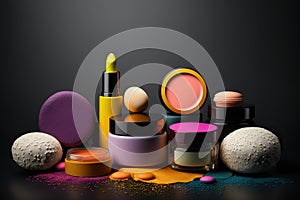 Various beauty products on a dark background