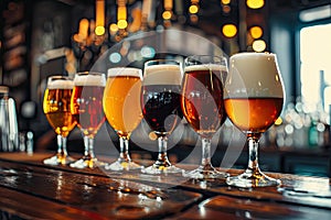 Various Beer Glasses on Wooden Bar Table
