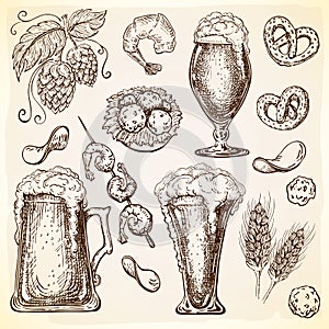 Various beer mugs with beer ingredients and snacks like chips, nuts, cheese balls, onion rings in engraved vintage style