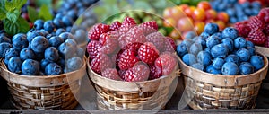 Various berries like Boysenberry in baskets nutritious superfood