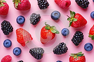 Various of berries on a pastel color background with copy space
