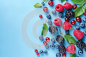 Various of berries on a pastel color background with copy space