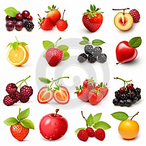 various berries on white background. Blackberry, apple, lemon, mulberry, Raspberry, Strawberry