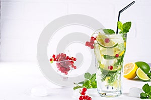 Various berry lemonade or mojito cocktails, fresh iced lemon lime , Red currant infused water, summer healthy detox drinks light b